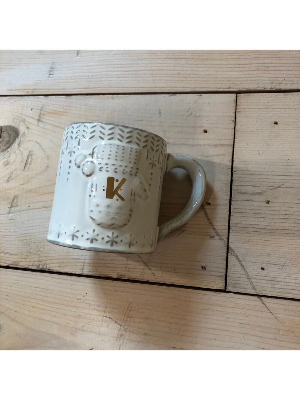 Anthropologie NWOT Holiday Mitten Mug Monogram Letter "K" White Gold
